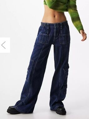 BDG Y2K Blue Denim Cargo Pants 32 Waist Dark Wash Wide Leg Baggy Straight